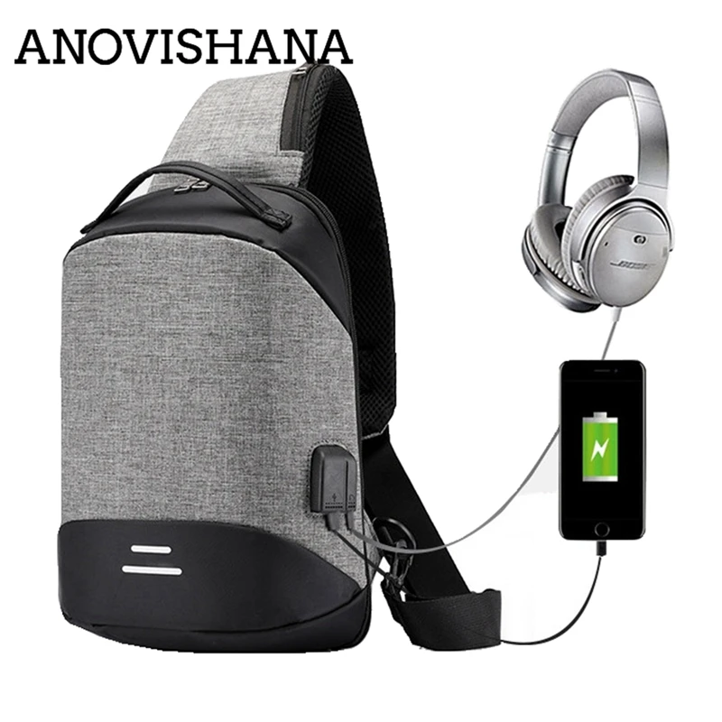 

ANOVISHANA External USB Charging Headphone Hole Chest Bags Travel Crossbody Shoulder Bag For Men and Women Reflective article