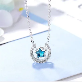 

New Personality Azure Blue Star 925 Sterling Silver Fashion Jewelry Simple Moon Star Crystal Women Pendant Necklaces N482