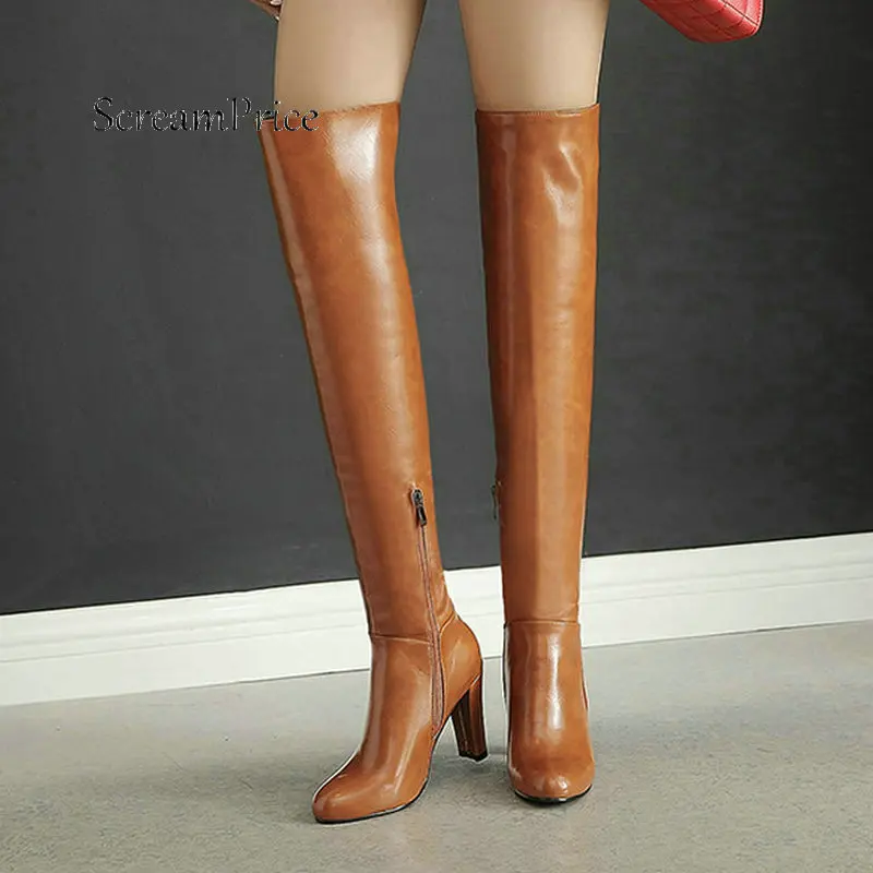 

Warm Winter For Women's Side Zipper Thigh Boots Fashion Round Toe Thick High Heel Windbreaker Women Shoes Red Black Yellow