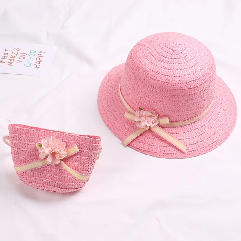 Симпатичная соломенная шляпа для девочек, шляпа от солнца+ сумка на плечо, сумочка, комплект из 2 предметов для лета, детские пляжные шапки принцессы с цветочным рисунком, вечерние уличные шляпы - Цвет: rose