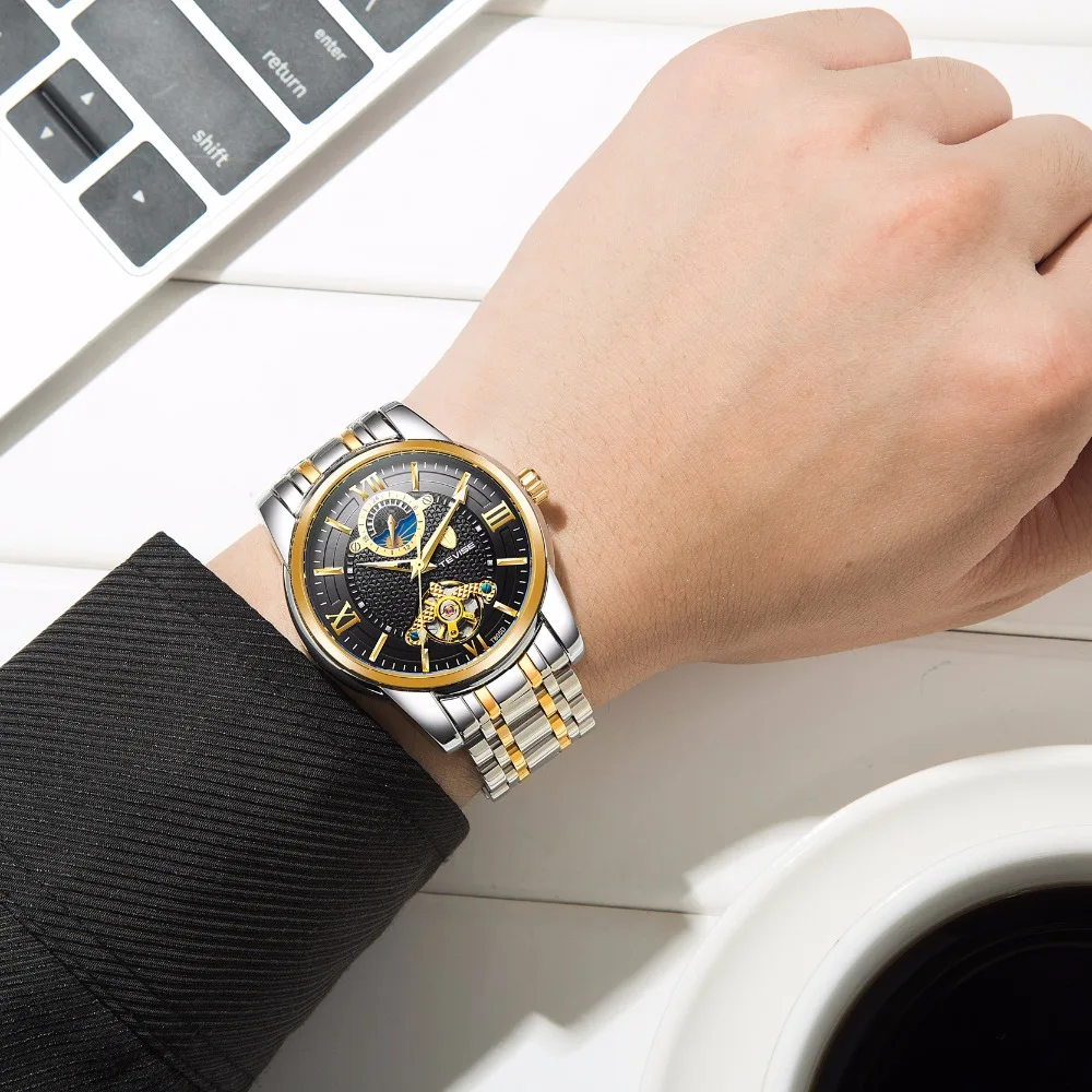 Tevise الفاخرة الأعمال ووتش للرجال توربيون تصميم الفولاذ المقاوم للصدأ التلقائي الميكانيكية ووتش القمر المرحلة 24 ساعة ساعة T805D