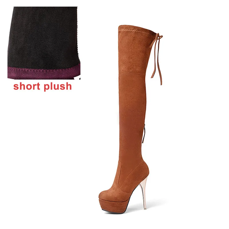 WETKISS/Сапоги выше колена размера плюс; Новинка года; женские эластичные высокие сапоги из флока; женские туфли на высоком каблуке и платформе на молнии - Цвет: orange short plush