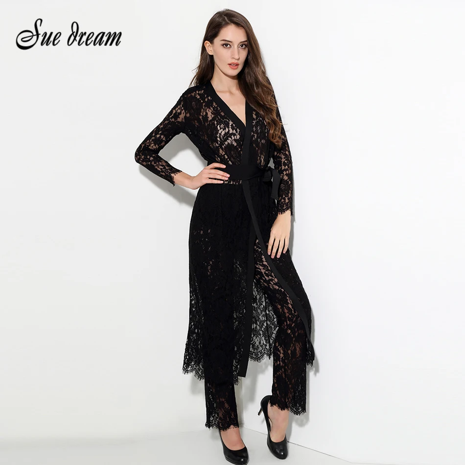 

2019 new summer women's black sexy lace trousers high waist wide leg ladies mesh club party ladies overalls ladies wholesale
