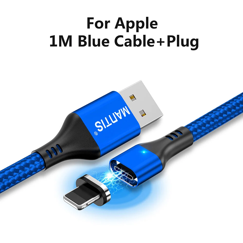 Магнитный зарядный Micro USB кабель MANTIS для iPhone samsung 3 в 1, кабель type C, 3 А, кабель для быстрой зарядки и передачи данных, магнитный шнур, зарядное устройство - Цвет: Blue for Apple
