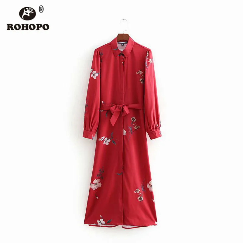

ROHOPO Red Printed Floral Straight Midi Dress Turn Down Collar Sashes Elegant Daisy Cardigan Prunted Vestido #CW8984