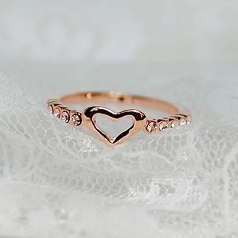 Awesome Small Hollow Heart Inlaid Crystal Alloy Rings for Girls