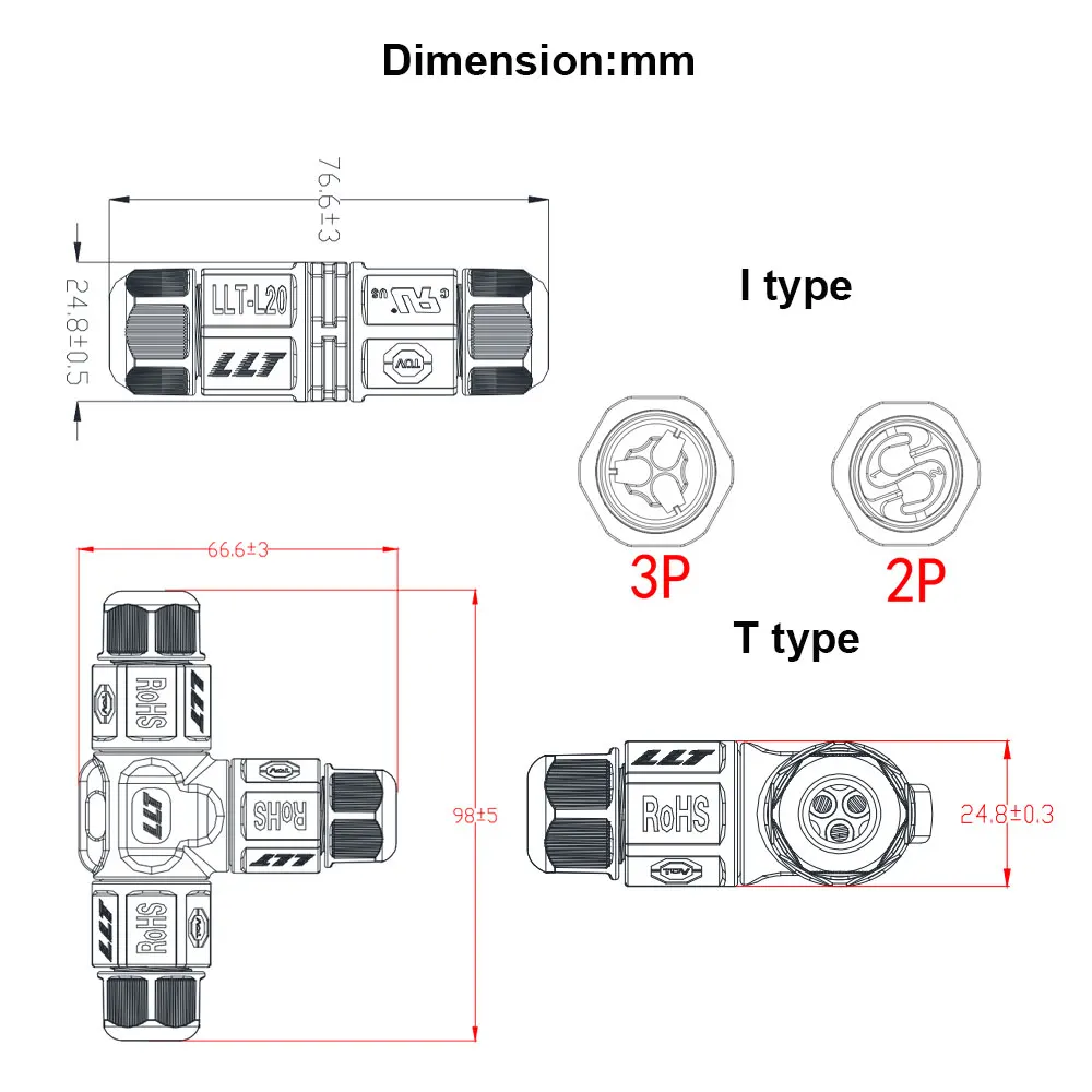 IP67 Водонепроницаемый Разъем T Форма/прямой Форма 2/3 Pin наружного освещения разъемы