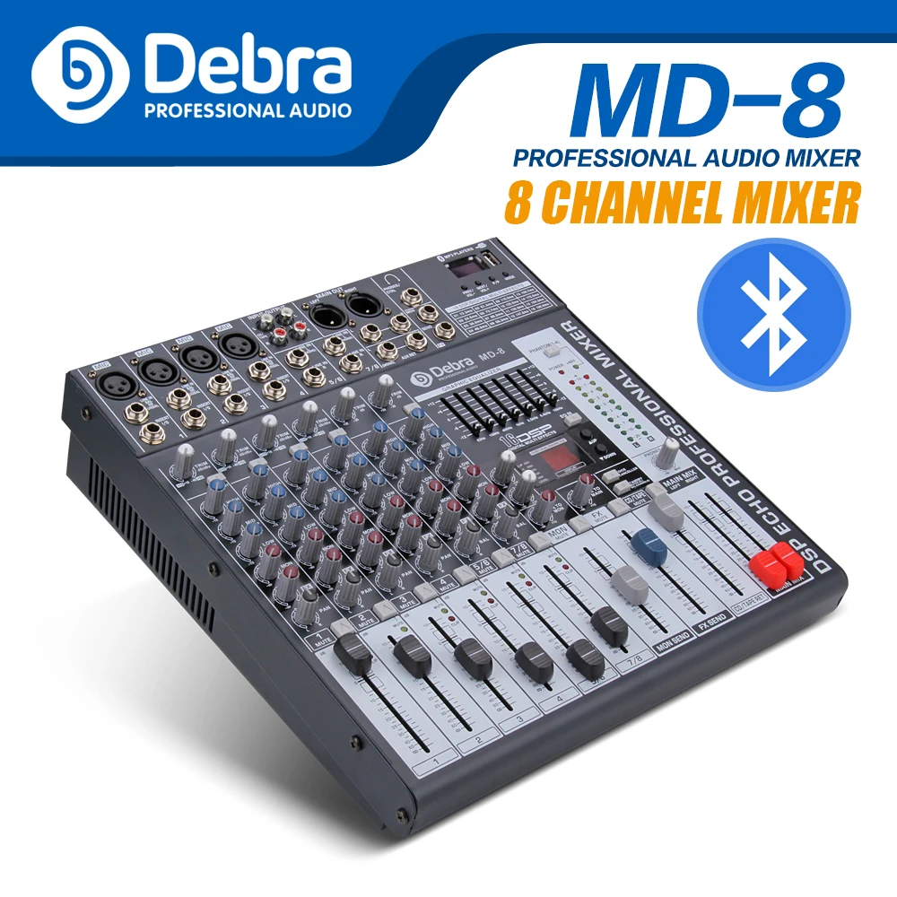 Debra Audio MD-8 8-Channel Audio Mixer dj controller Sound Board with 24 DSP Effect USB Bluetooth XLR Jack Aux Input