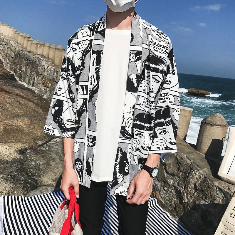 

Open Stitch Kimono Jacket Men 2018 Summer Full Print Men's Jacket Three Quarter Sleeve Thin Style Mens Clothing