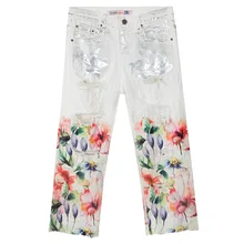 Весенне-летние модные женские цветные рваные Стрейчевые прямые джинсовые брюки с цветочным рисунком, женские джинсовые брюки с горячей штамповкой