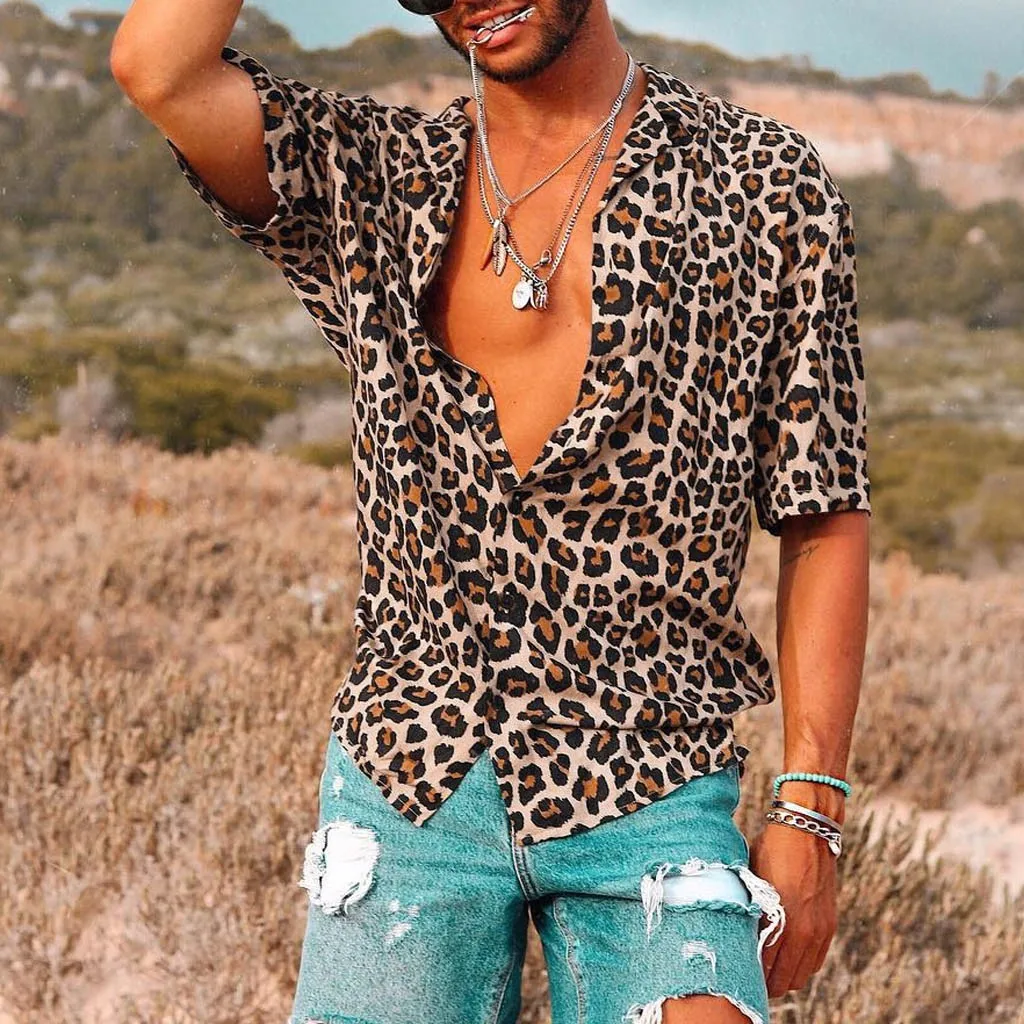 

feitong 2019 Male colth semmer Men's Baggy Beach Leopard Print Short Sleeve Button Retro Shirts Tops Blouse homme hawaiian