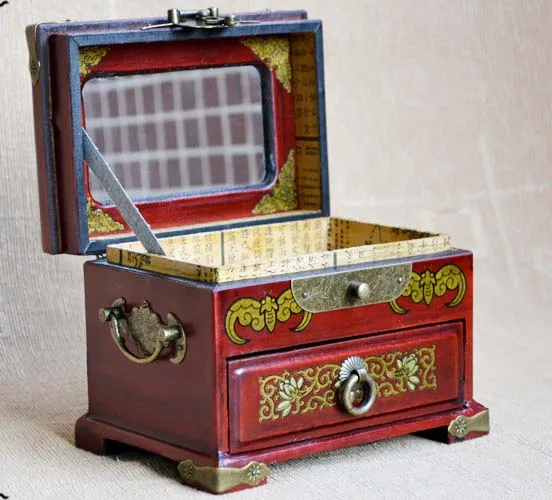 

2019 Christmas BEST present- retro antique vintage propitious dragon and phoenix red wood Jewel Jewelry Box cosmetic mirror box