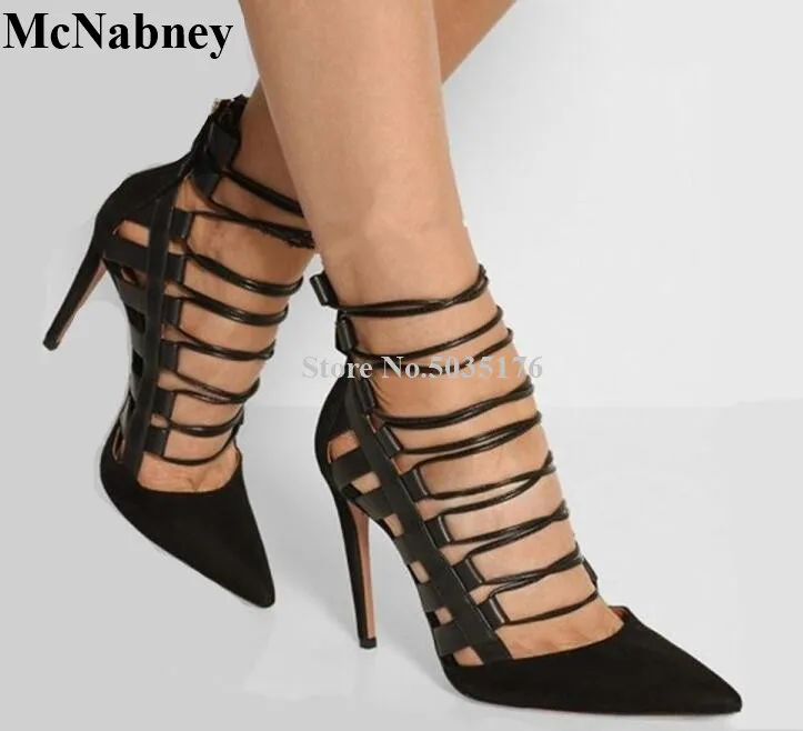 

McNabney Sexy Women Boots Cross-tied Zip Hollow Lace-UP Pointed Toe Stiletto Heel High Heel Summer New Ankle Strap Women Shoes