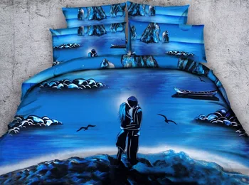 

JF-309 Romantic oil painting style blue ocean and lover print bedding sets 4pcs doona duvet cover set