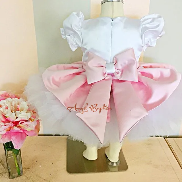 White/Ivory Flower Girl Dresses for wedding 1 year Ball Gowns first communion dresses for girls pageant dresses with pink bow