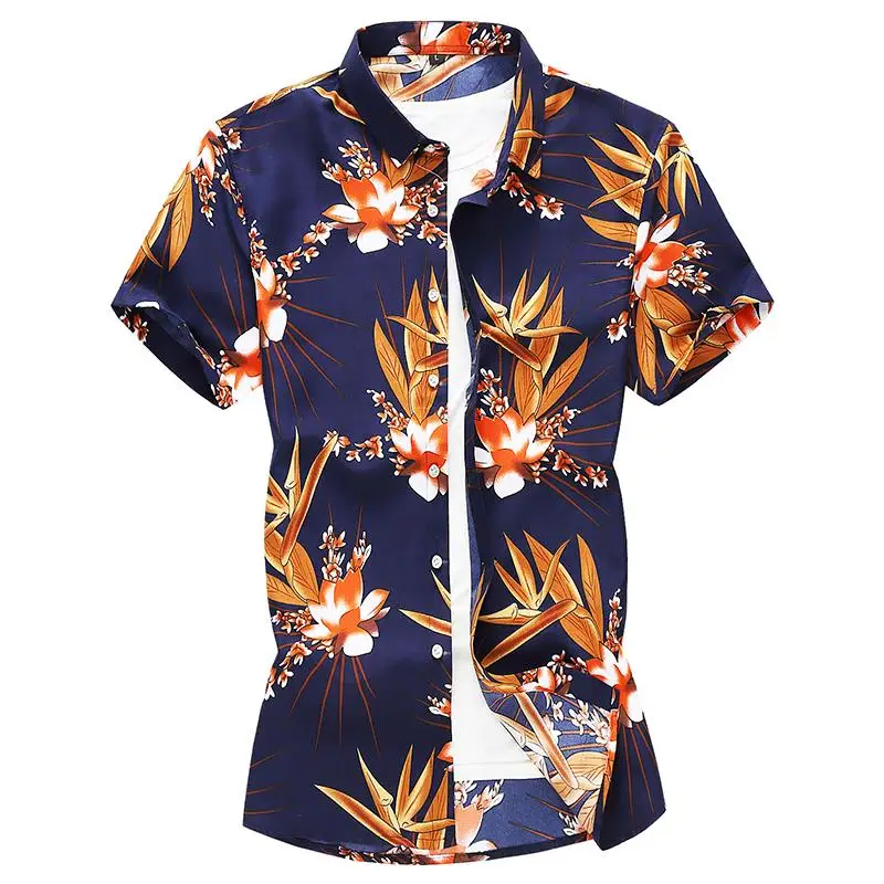 

Men's Shirt Hawaiian Large size Beach style Short-sleeved Shirt Mens clothing Slim Blouse Men Red Navy