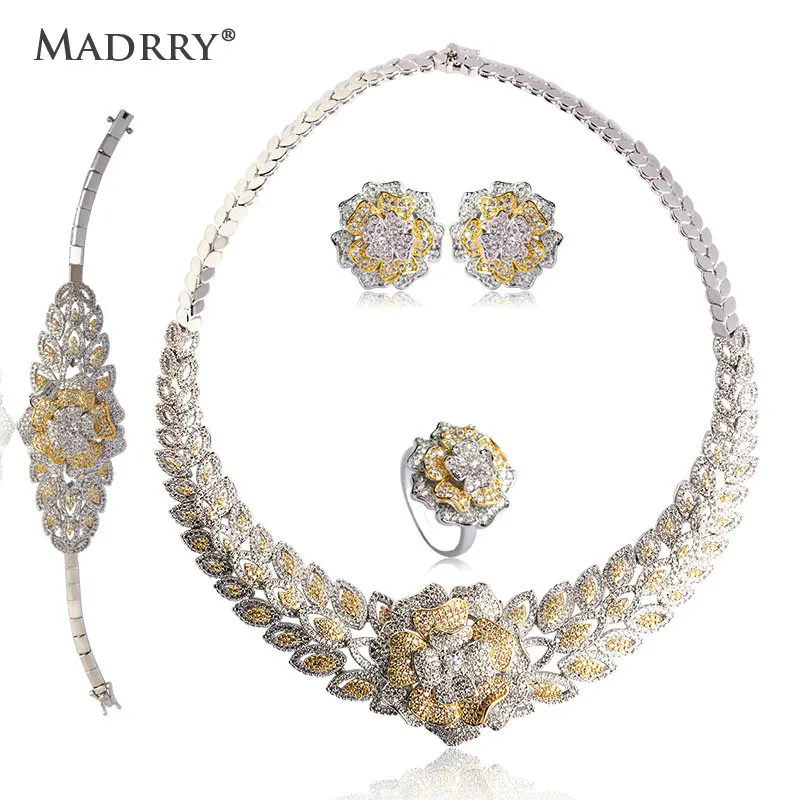 

Madrry Newest Bridal Wedding Jewelry Sets Copper 2 Colors Metal Pave Setting Zircon Necklace Earring Bracelet Ring For Women
