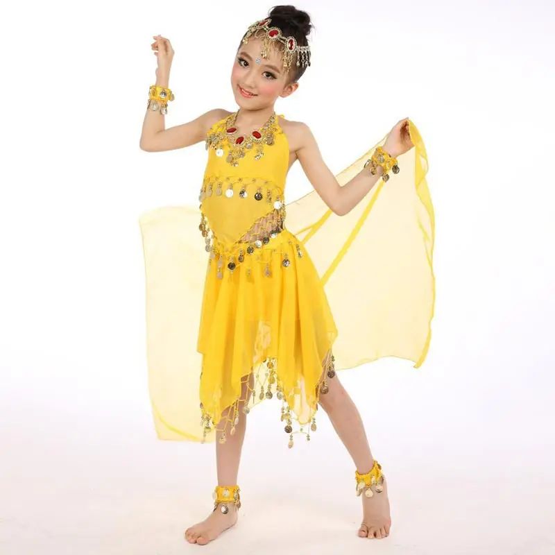 Детское индийское танцевальное платье для девочек танцевальные костюмы для живота одежда для занятий Танцем Живота 5 шт. комплект с Coinsdancing аксессуары - Цвет: yellow 5 pcs set