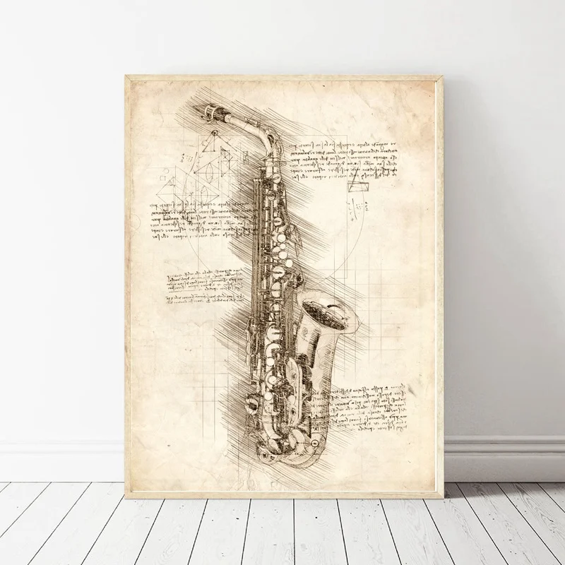 

Da Vinci Inspired Sketches Saxophone Art Oil Painting Poster Prints Home Wall Decor Painting 60x90cm