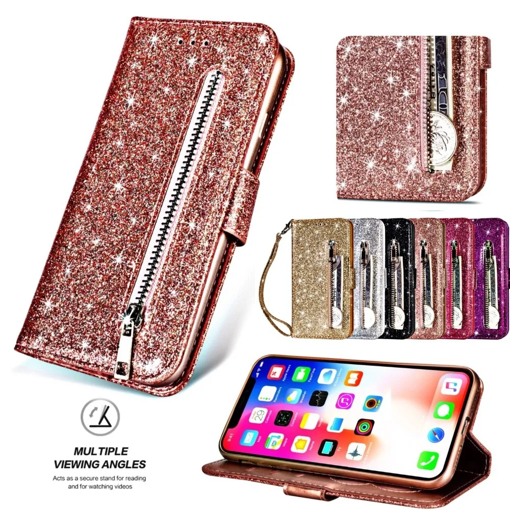 

Glitter Zipper Leather Wallet Cases For Samsung Galaxy J6+ J610F-DS J6 Plus Coque For Samsung J6 2018 Filp Stand Cover Card Pock
