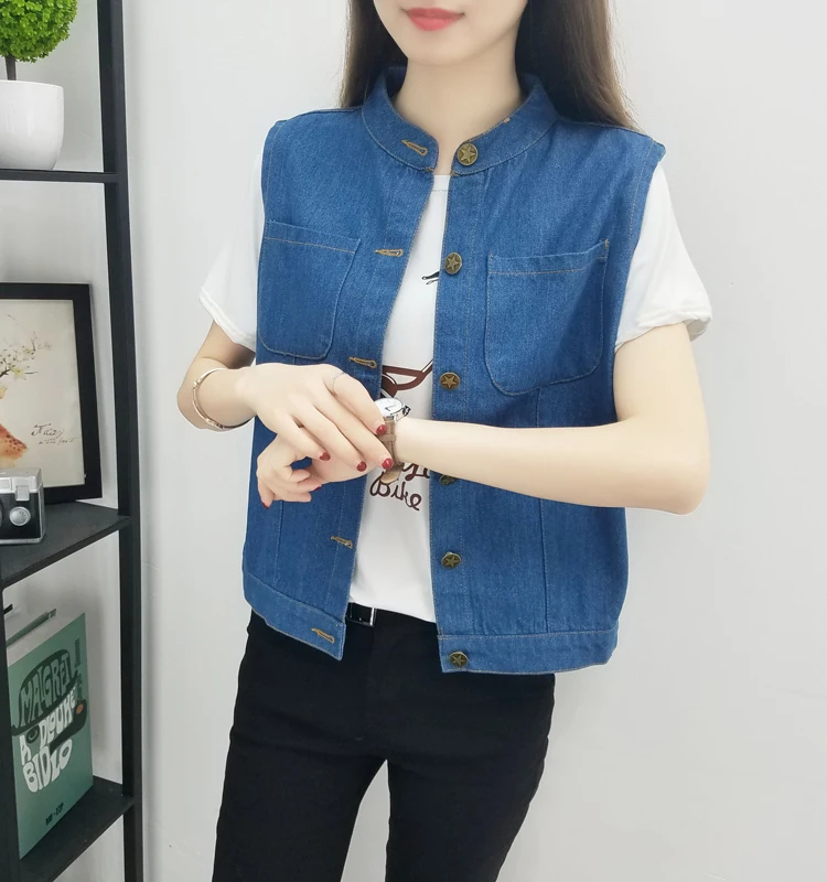 Large Size Bust 5XL Women's Jeans Vest Summer Thin Pure Blue Pocket Jacket Cardigan Sleeveless Female O-Neck Button Waistcoat