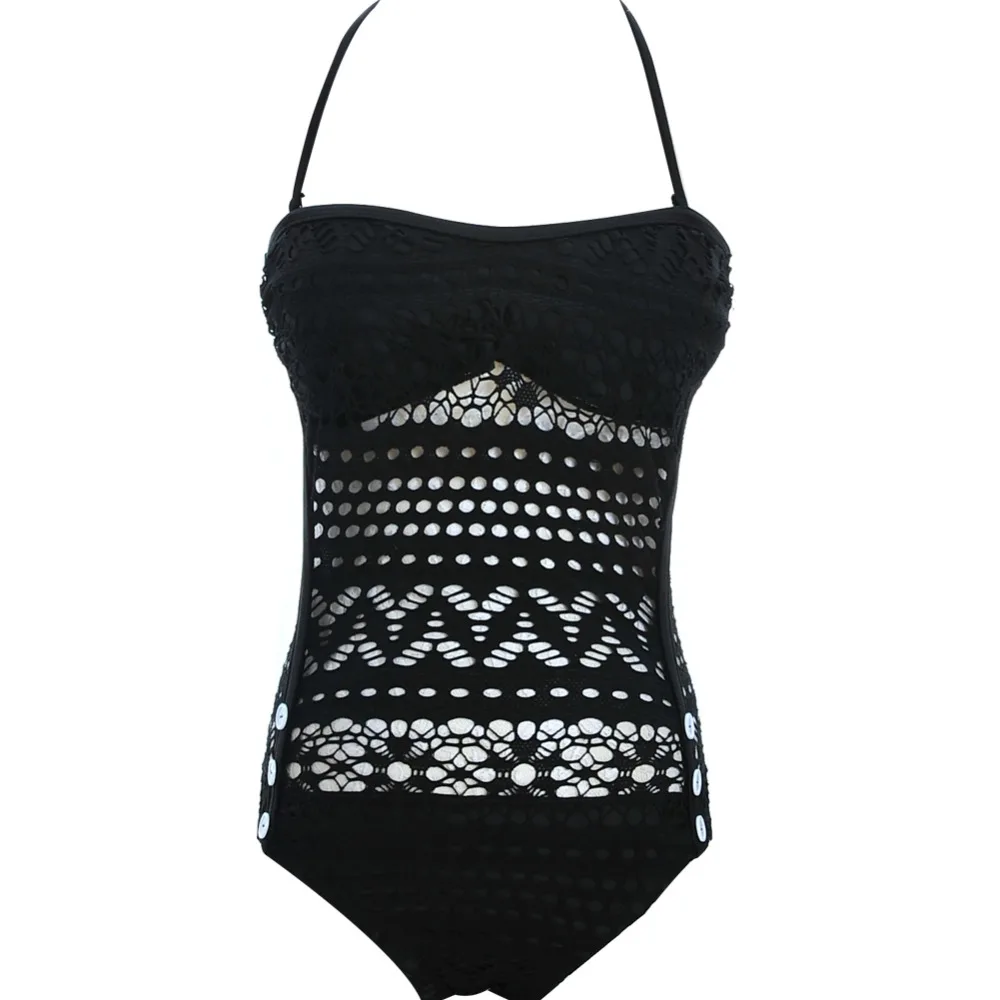 

S-XXL Plus Size Sexy Crochet Lace Backless One Piece Hollow Out Swimsuit Retro Bandeau Swimwear Women Mesh Bathing Suit 2017 New
