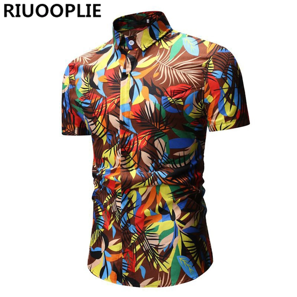 RIUOOPLIE Mens Hawaiian Shirt Flower Leaf Beach Party Casual Holiday Short Sleeve 2