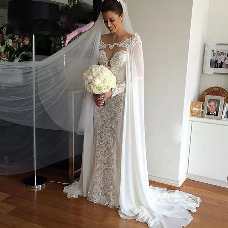 13781 20 De Réductionsuperbe Robe De Mariée Longue Casamento Avec Cape Dentelle Vestido De Noiva Mariées Robes Formelles Hors épaule Robes De