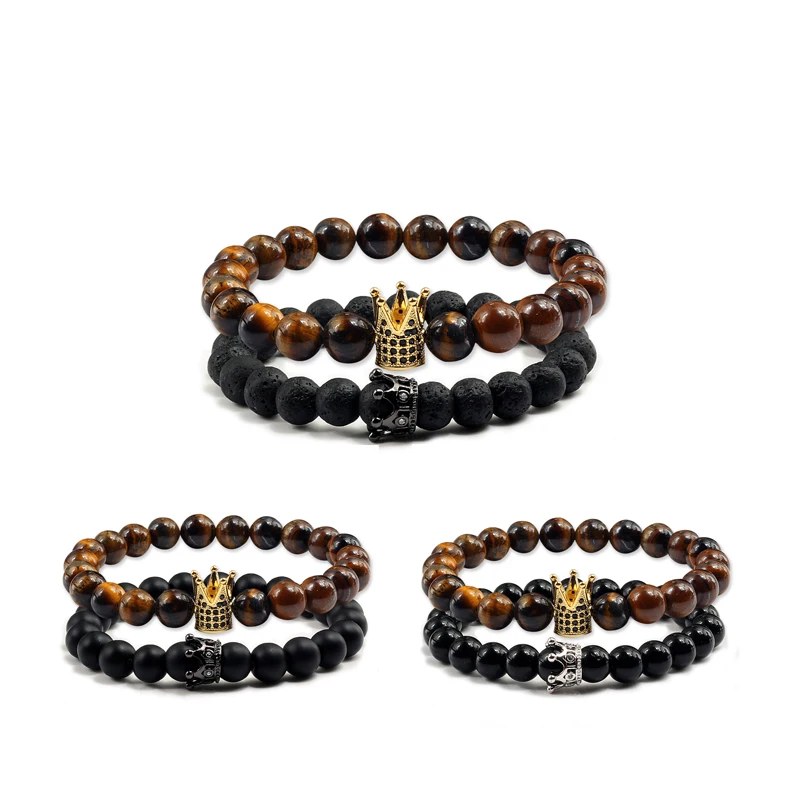 

2 Pc/set Fashion Jewelry Crown Tiger Eye Bracelets Natural Beaded Lava Shine Stone Couple Accessories Yoga Bangles dropshipping