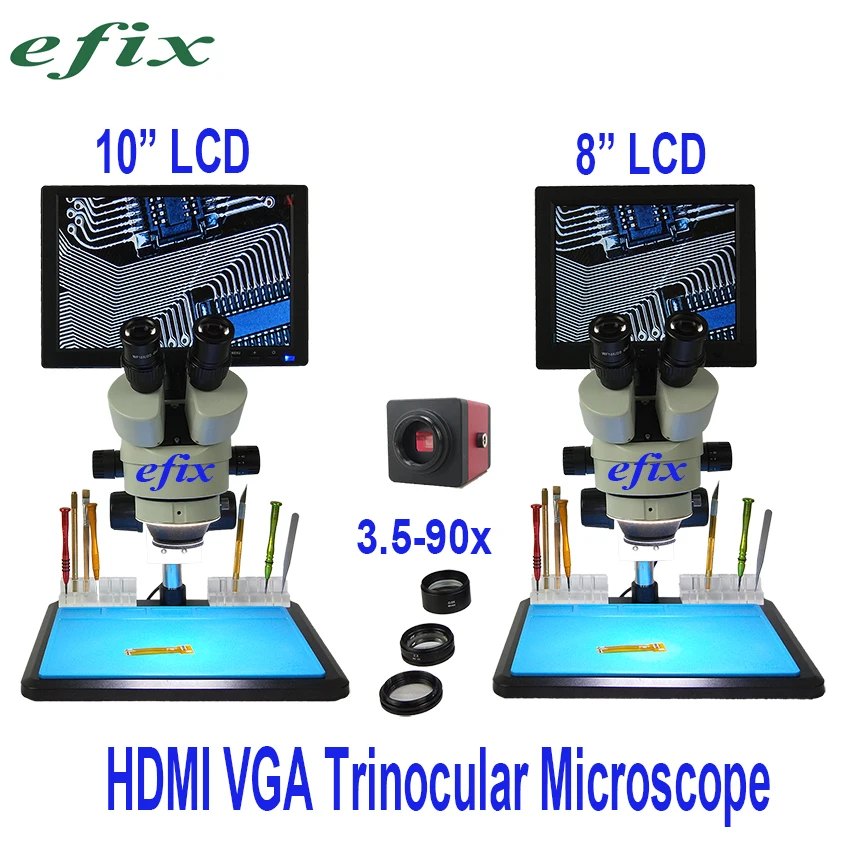 Efix 1" 8" HDMI lcd Тринокулярный паяльный микроскоп стерео зум HD VGA камера с большим верстаком для iPhone Инструменты для ремонта