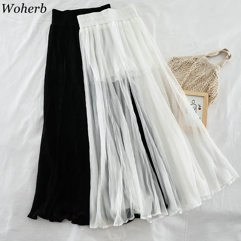 

Woherb Summer Perspective Gauze Mesh Wide Leg Pants Women 2019 Korean Modis Thin Elastic High Waist Trousers Pleated Streetwear
