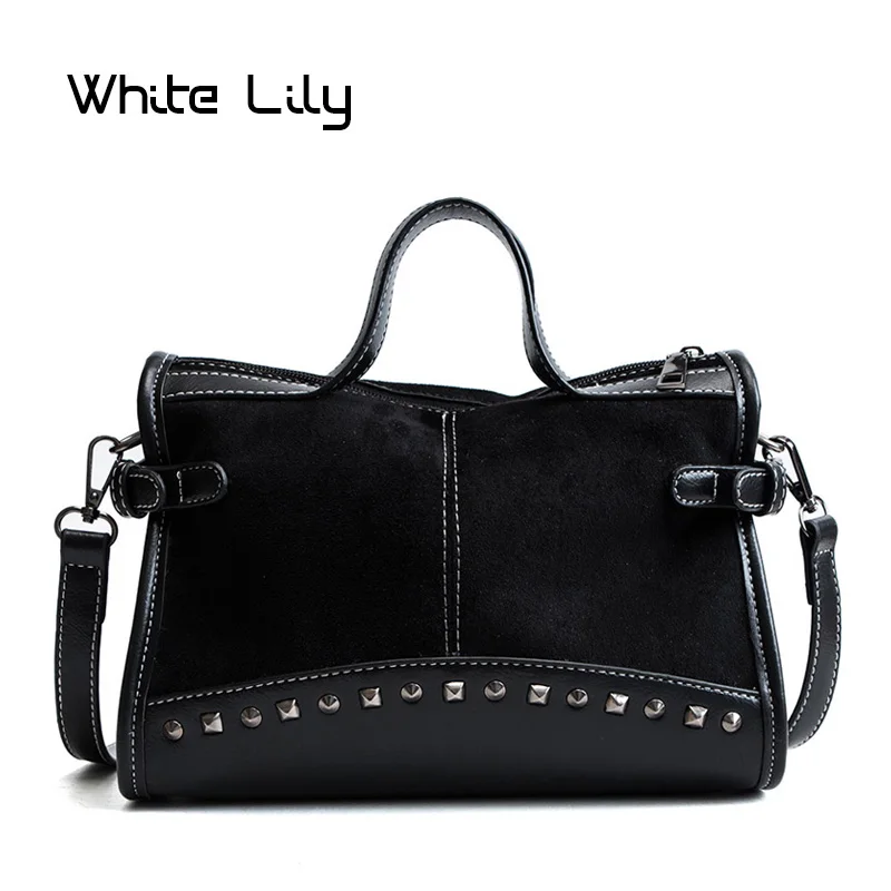 Women's Nubuck Leather Rivet Tote Bag Vintage Ladies Shopping Boston Bag Shoulder Bag Leopard Handbag Crossbody Bag