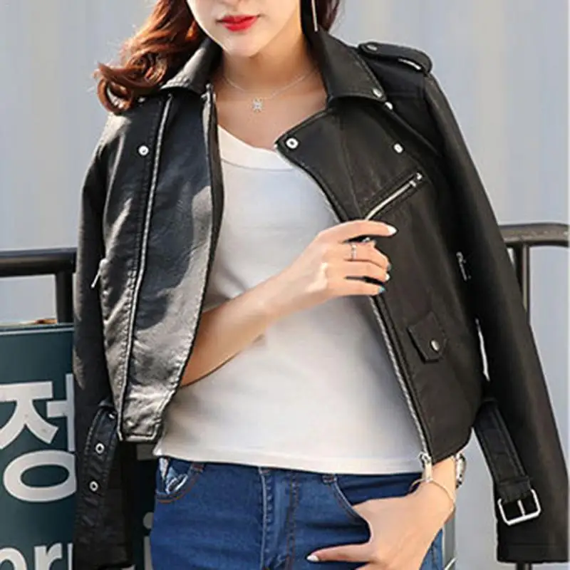 

2019 Motorcycle Pu Jacket Women Fashion All-match Handsome Cool Jacket Pockets Belts Zippers Spring Pu Jacket Woman S-XL 5 Color