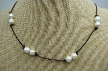 

2018 New Arriver 9-10mm Big Size Pearl Necklace Real Freshwater Pearl Leather Necklace Wedding Gift For Woman