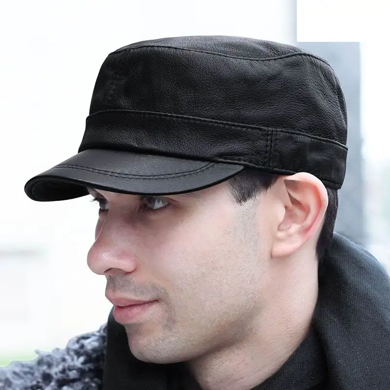 

GBCNYIER Spring Male Hat Real Leather Soft Goatskin Fashion Men's Army Cap Cool Spring Sunhat Bone Brim Leather