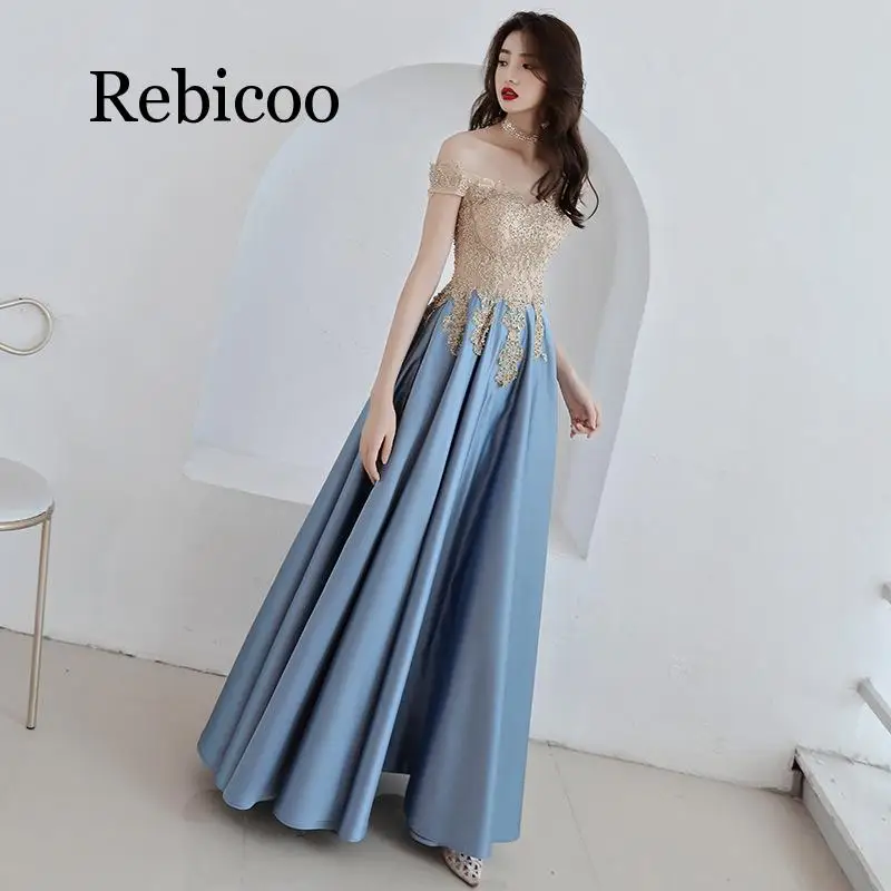 

Rebicoo 2019 Golden Lace Navy Blue Fashion Boat Collar Floor Length Dress