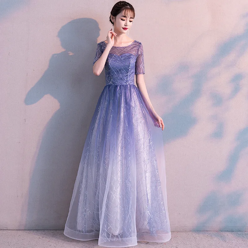 

Bandage Evening Dresses Gradient Blue Color Elegant Party Gowns Women A-line Floor Length Short Sleeve Formal Prom Dress E048