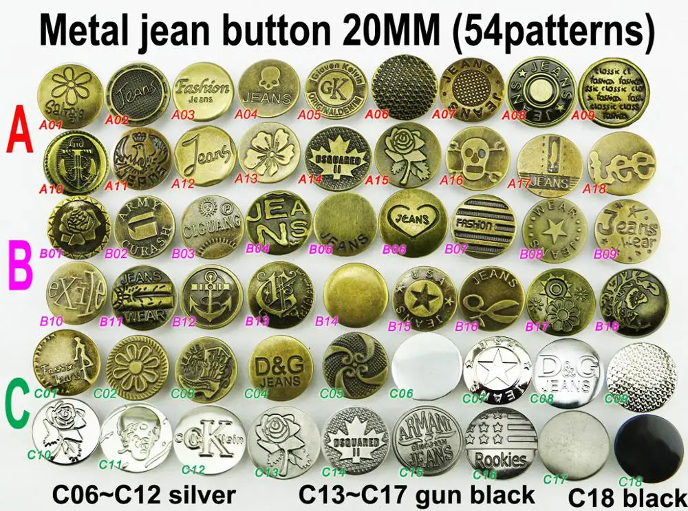

30PCS 20MM 54pattern design metal jeans button BRAND round buttons brand clothes accessory JMB-186