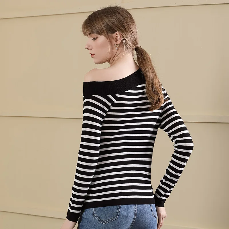 Striped one off shoulder elastic knit pullovers sweater shirts 2018 new long sleeve women autumn sweater