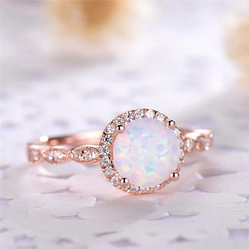 ROMAD Dainty Round Fire Opal Rings for Women Rose Gold CZ Engagement Rings in Copper Promise Ring With Gift Box R4