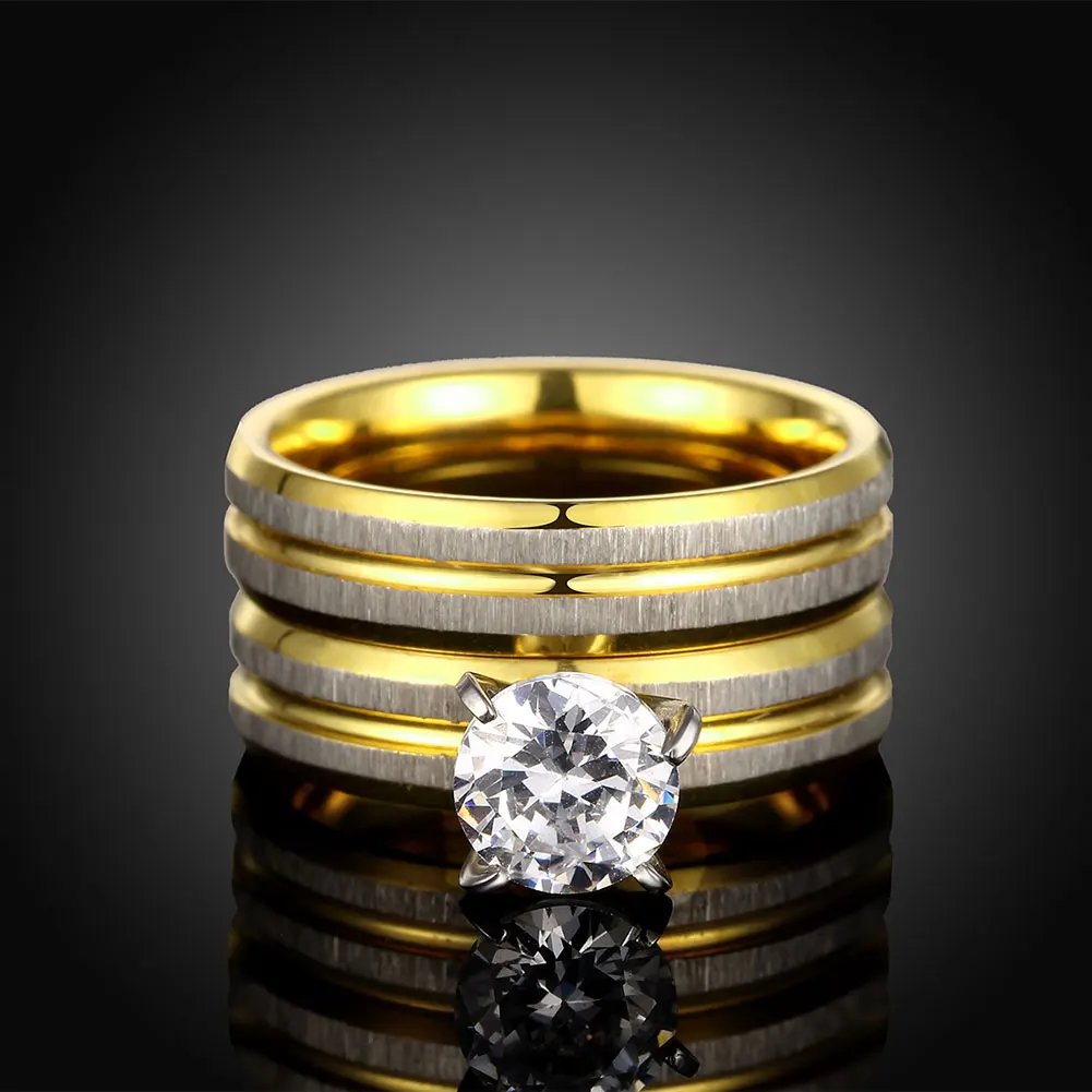 Engagement Promise Jewelry Round Cut AAA Zircon Couples Ring Set Gold Color Titanium Stainless Steel Wedding Ring for Men Women