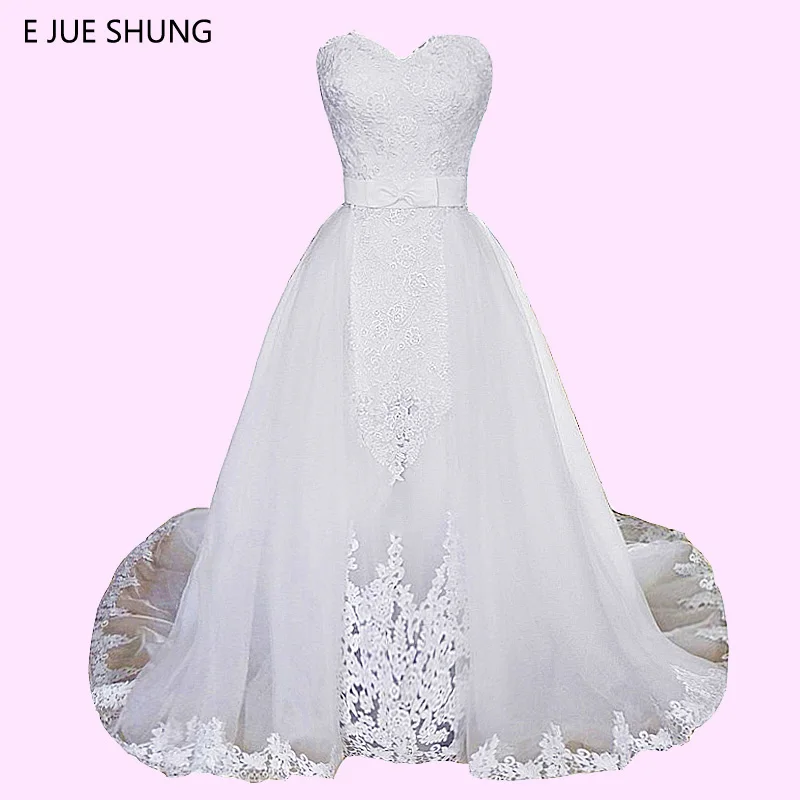 

E JUE SHUNG Detachable Train Long Wedding Dresses White Lace Appliques Sweetheart Wedding Gowns Bridal Dress vestido de noiva