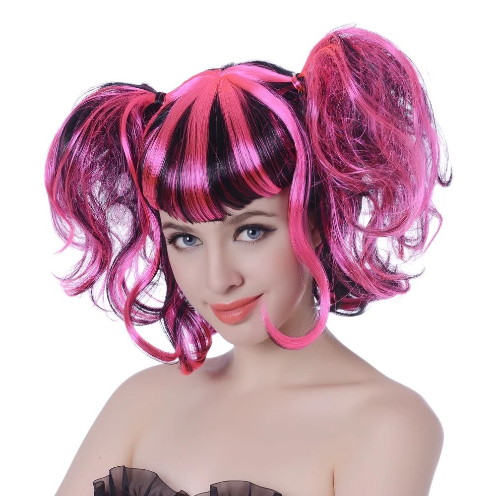 12 "короткий парик с челкой Синтетический Поддельные волос Розовый черно-белый цвет смешивания пользовательские Косплэй парики для Для