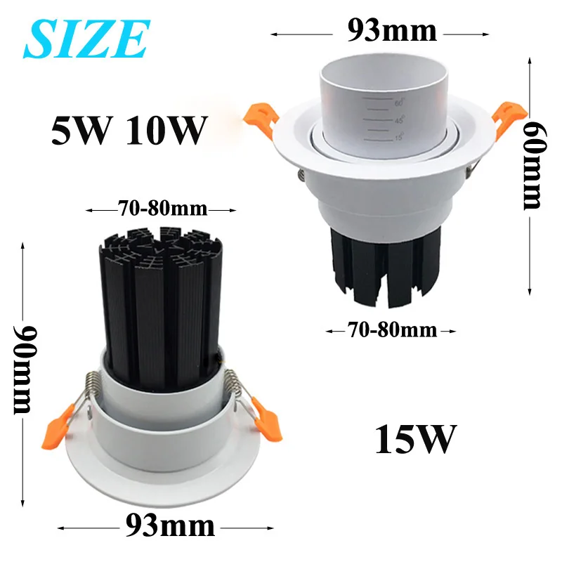Cob-светодиоды с регулируемой яркостью светильник 5 W 10 W 15 W регулировать угол луча 15/45/60 градусов светодиодный потолочный светильник AC110V 220 V