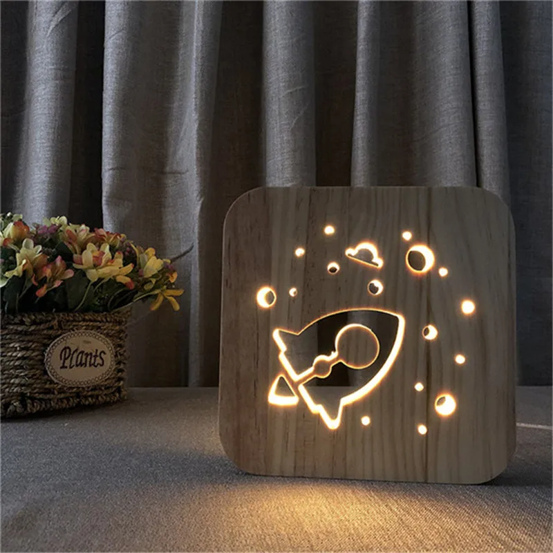 Rocket Wood Night Light Decor Nightlight USB Desk Table Lamp 3D Visual