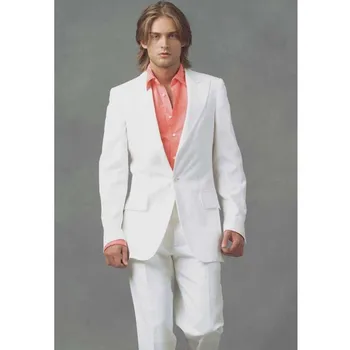 

Custom Made White Wedding Suits For Men Peaked Lapel Groom Tuxedos Two Piece Mens Suits Slim Fit Groomsmen Suit(Jacket+Pants)