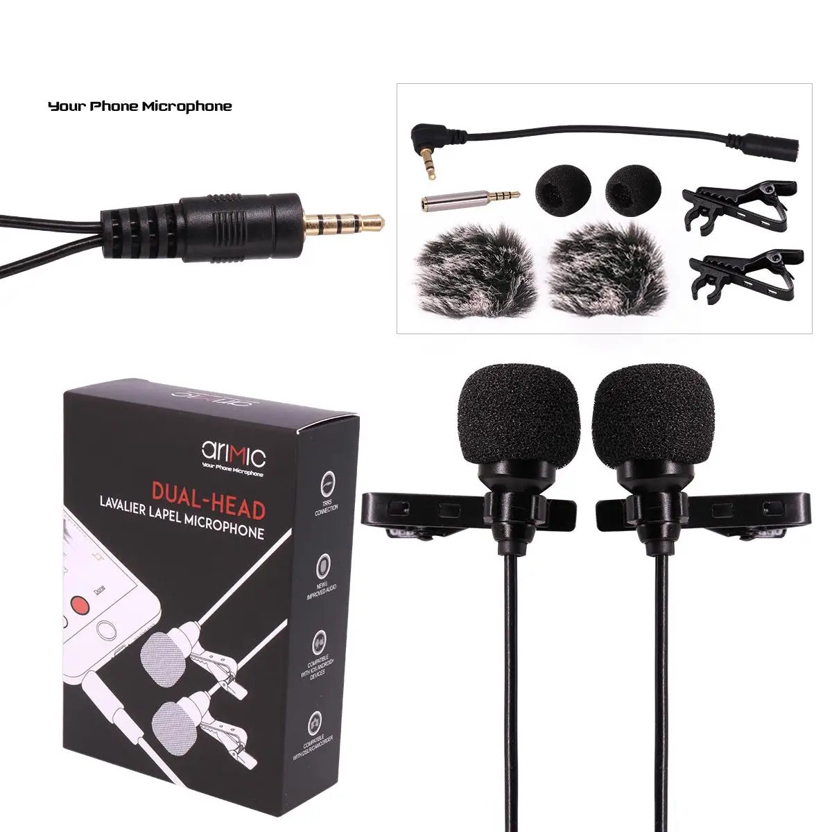 

Dual-head Lavalier Mic Lapel Clip-on Condenser Microphone for iPhone Android SHOOT