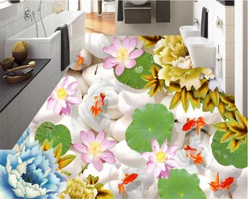 

beibehang 3d wallpaper Beautiful lotus goldfish sculpture 3D peony pebbles three-dimensional floor interior painting wallpaper