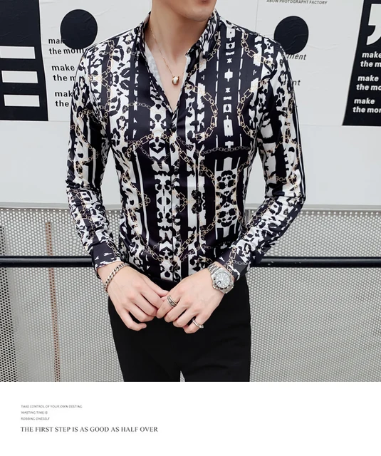 Chain New Pattern Printing Shirt Baroque Slim Fit Party Club Shirt Men  Camisa Homem Male Long Sleeve Shirt Autumn Ropa De Hombre