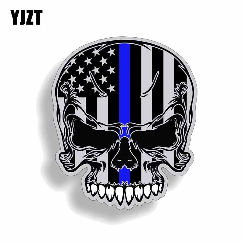 YJZT 11.4CM*13.6CM Blue Line Flag Skull Police Officer Accessories PVC Decal Car Sticker 6-0082 | Автомобили и мотоциклы